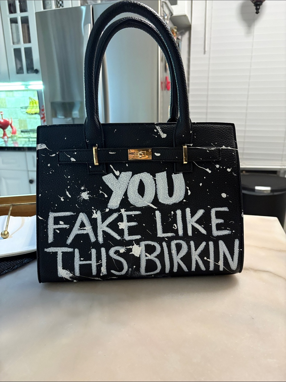 Black Handbag with White Graffiti Text - Designer Style Birkin style